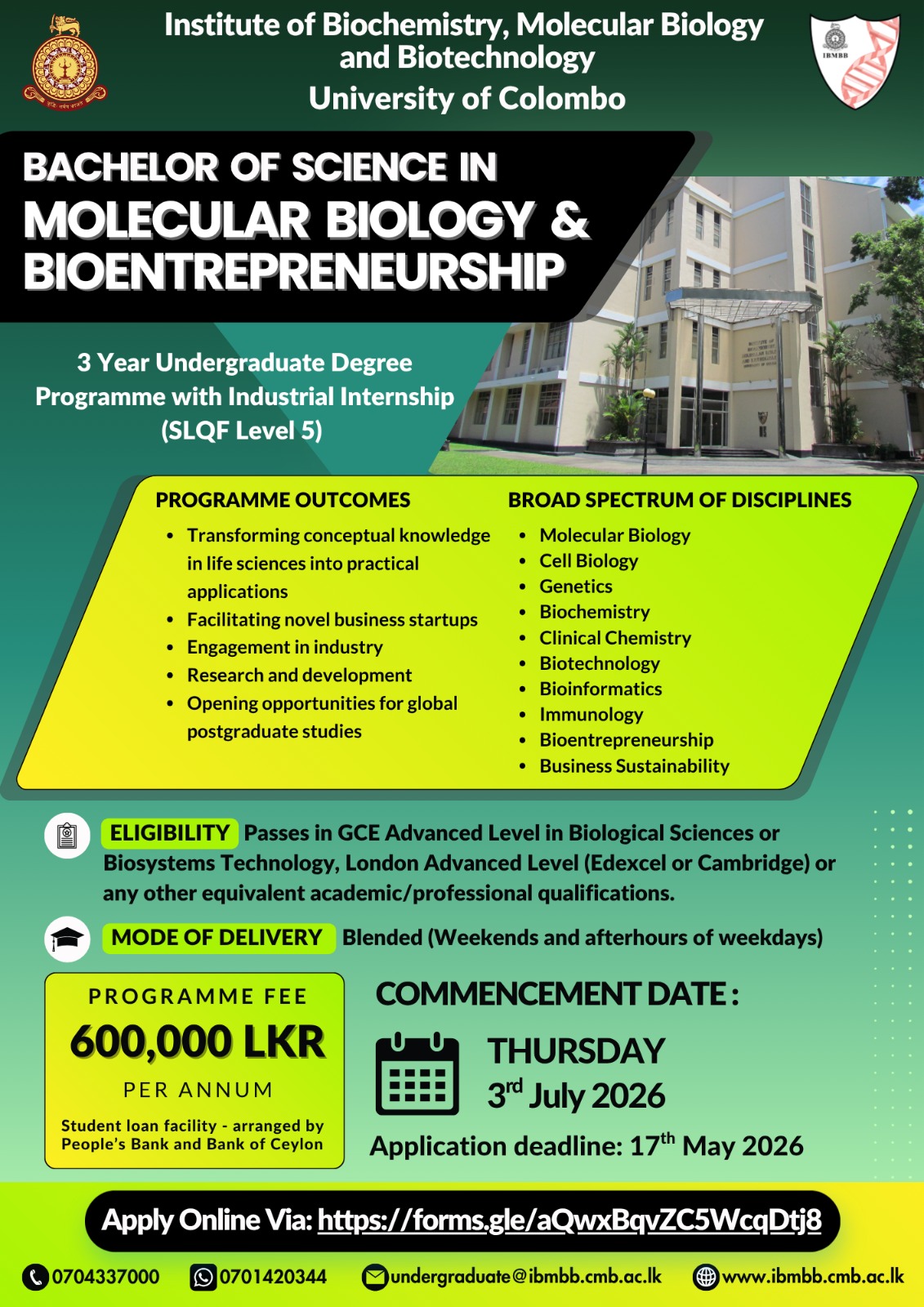 2nd Intake of BSc in Molecular Biology and Bio-entrepreneurship (external degree)
