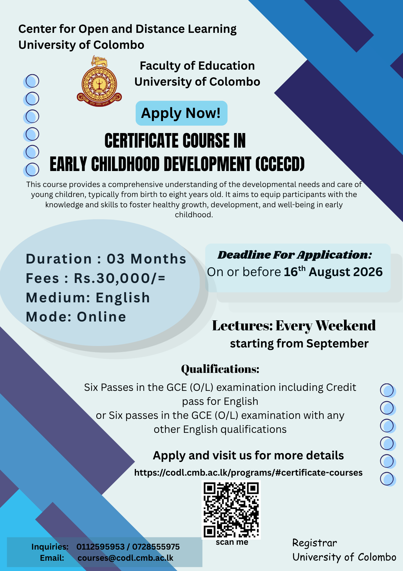 Certificate Course in Early Childhood Development – 2026 September Intake – Application Calling