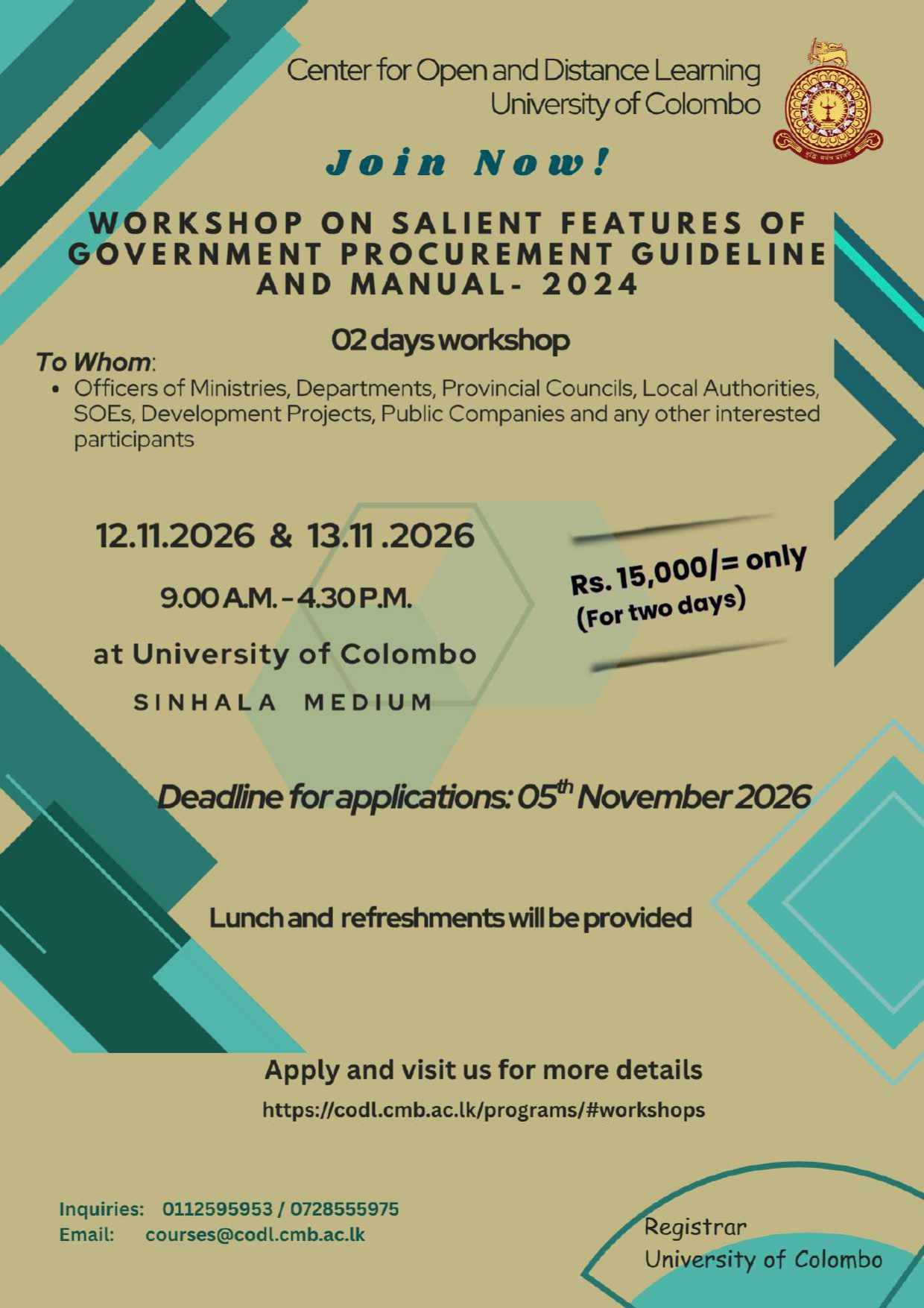 Workshop on the Salient Features of the Government Procurement Guidelines and Manual 2024: 12th & 13th November 2026